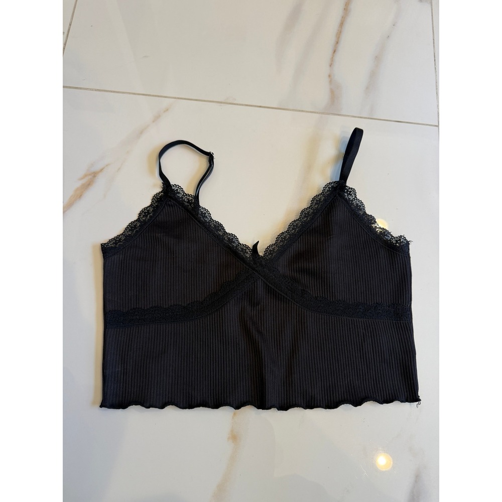 H&M Divided Black Ribbed Lace Trim Cami Crop Top Adjustable Straps Bow Detail